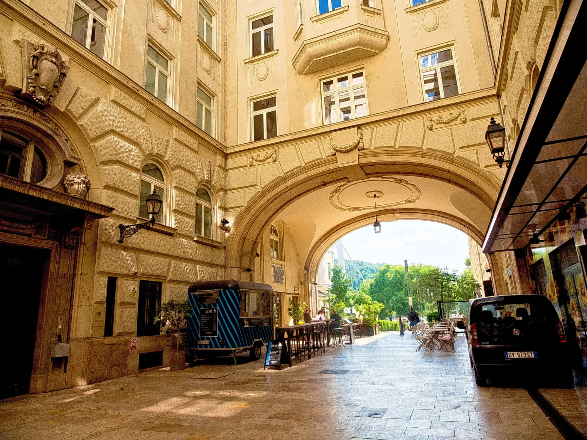 The arched passage of Piarista köz in downtown Pest