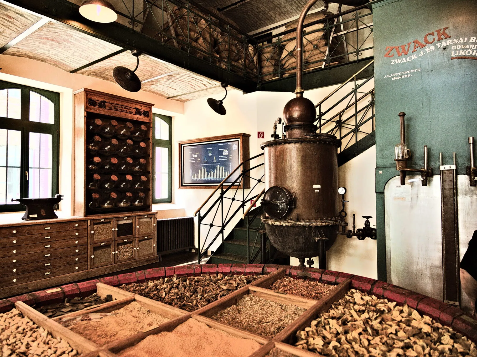 Copper still and herbs at the Zwack Unicum heritage centre
